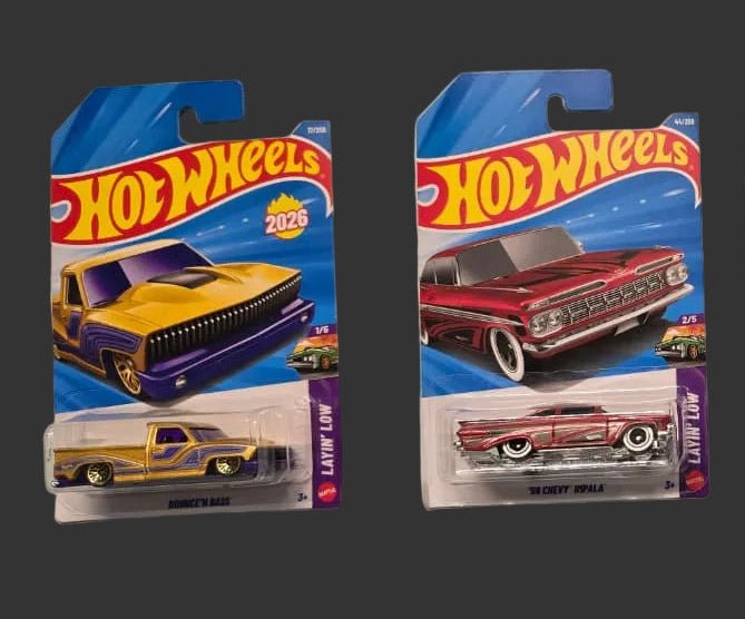 Hot Wheels - Mainline Imported - Layin' Low Series - Bounce' N Bass ( 1/5),'59 Chevy Impala (2/5),'47 Chevy Fleetline (3/5), '64 Impala (4/5) - 4 Pack - Scale Theory India