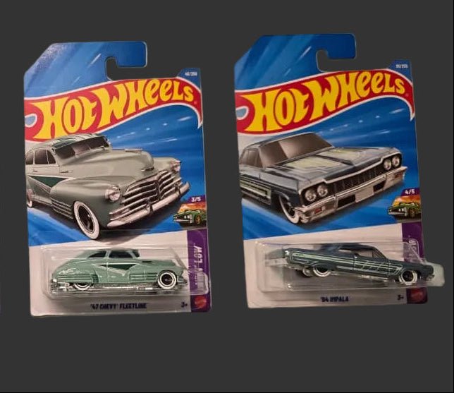 Hot Wheels - Mainline Imported - Layin' Low Series - Bounce' N Bass ( 1/5),'59 Chevy Impala (2/5),'47 Chevy Fleetline (3/5), '64 Impala (4/5) - 4 Pack - Scale Theory India