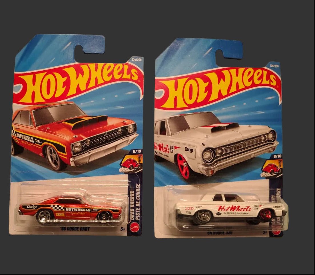 Hot Wheels - Mainlines - Drag Racers : Piste De Course Series - '68 Dodge Dart (5/10), '64 Dodge 330 (6/10), Super Charged (2/5), Pass'N Gasser (3/10), Eggshelleracer (4/10) - Scale Theory India